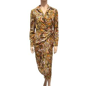 DREW Women XS Paisley Long Sleeve Wrap Front Midi Dress Brown Earth Tones Retro